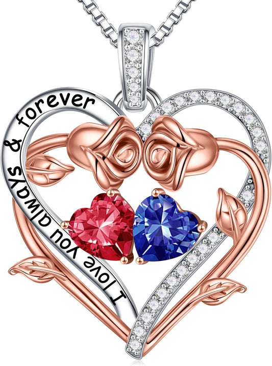 Iefil Rose Heart Double Birthstone Necklace Gifts for Wife Her Mom Women, Birthstone Jewelry Gemstone Birthday Gifts for Girlfriend Grandma Her Wife Women