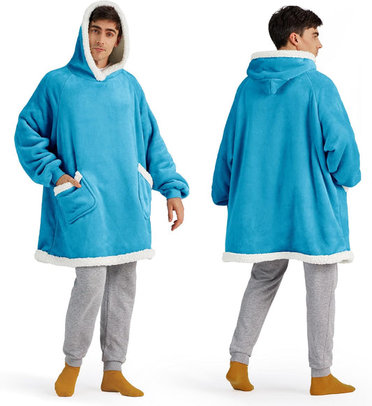 Bedsure Blanket Hoodie, Wearable Blanket for Adults & Kids as Gifts for Women Men, Birthday Gifts for Women Mom Girl Sherpa Oversized Hoodie, Aqua Blue, Oversize