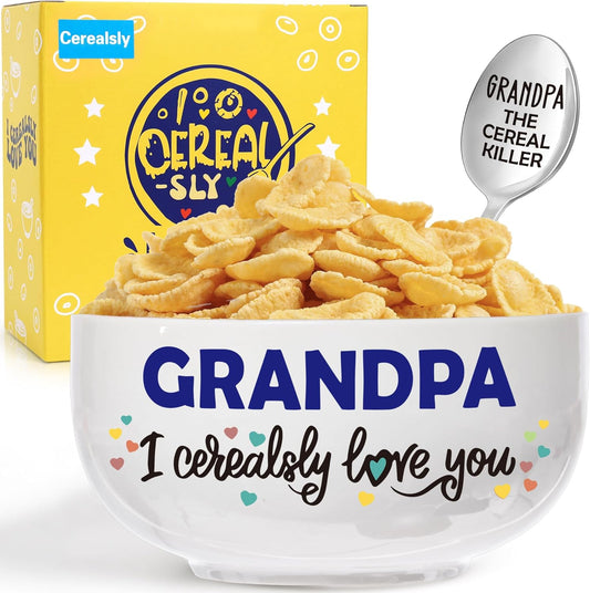 Grandpa Gifts for Fathers Day, Funny Gifts for Grandfather New Grandpa Birthday from Grandkids Granddaughter, Ceramic Cereal Bowl Presents, Grandpa I Cerealsly Love You