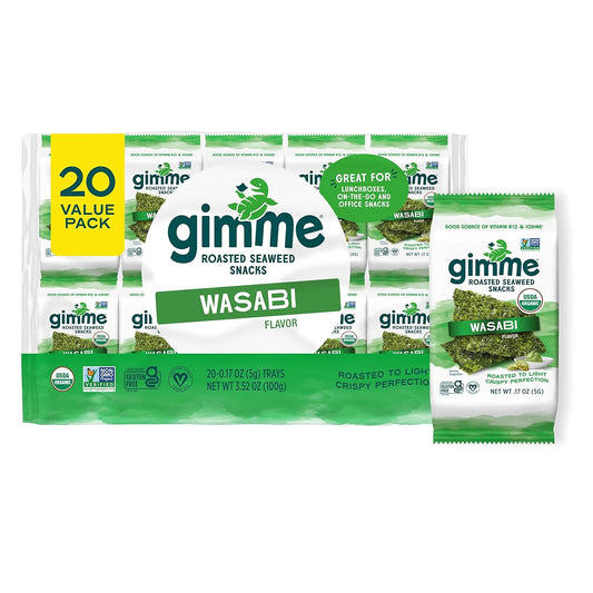 Gimme Seaweed Organic Premium Roasted Seaweed Snacks, Wasabi, 20 Count, Keto, Vegan, Gluten-Free, Great Source of Omega3s and Iodine, Healthy On-The-Go Snack for Kids and Adults