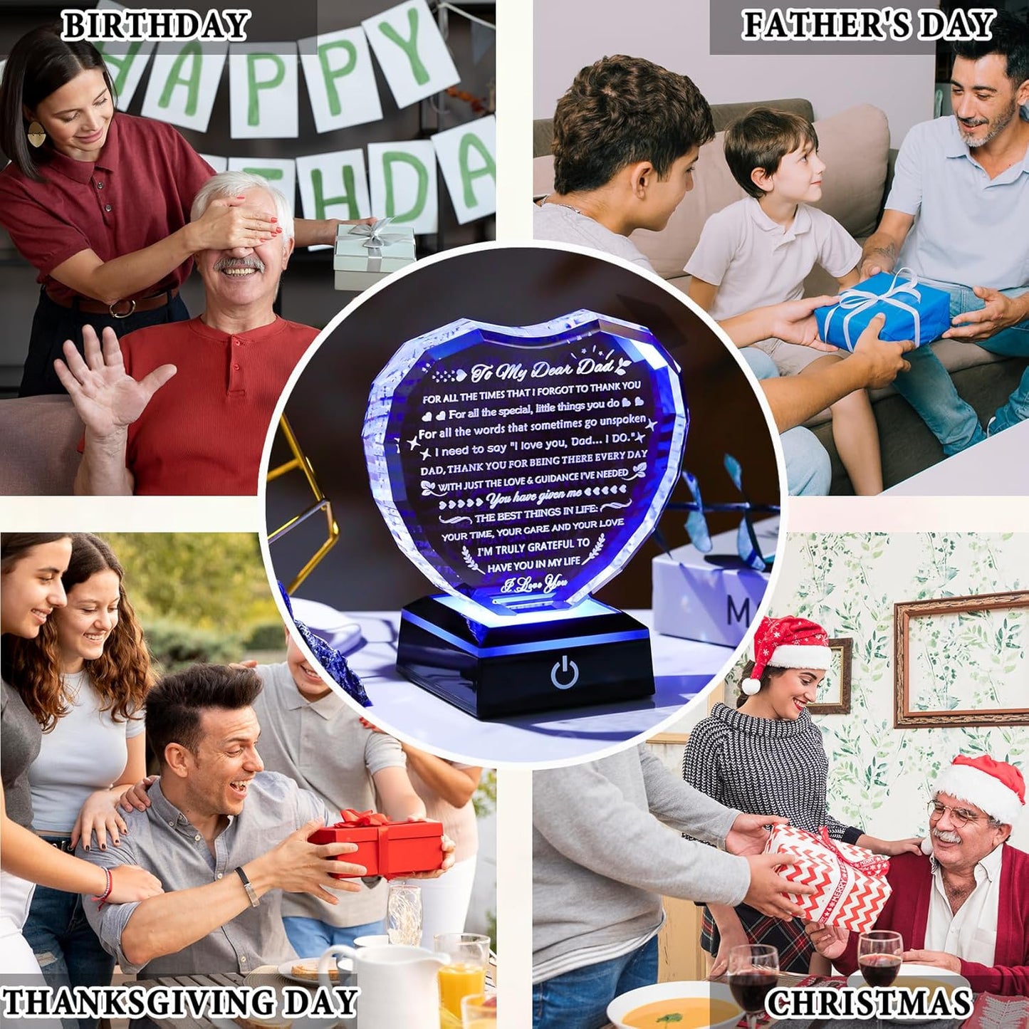 YWHL Gifts for Dad from Daughter Son with Colorful Light Base Birthday Gifts for Dad Crystal Heart Keepsake Thank You Gift Idea To My Father Present on Fathers Day Christmas Thanksgiving