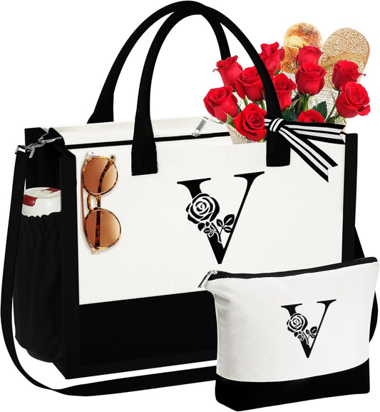 YOOLIFE Gifts for Women - Initial Canvas Tote Bag & Makeup Bag Birthday Gifts for Women Wife Mom Friend Teacher Sister