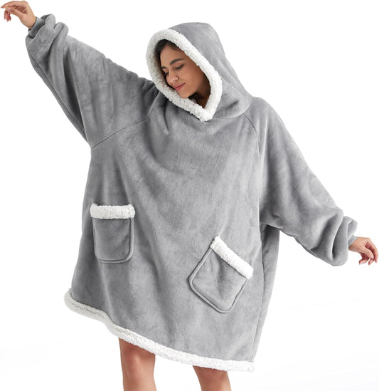 Bedsure Blanket Hoodie, Wearable Blanket for Adults & Kids as Gifts for Women Men, Birthday Gifts for Women Mom Girl Sherpa Oversized Hoodie, Grey, Small