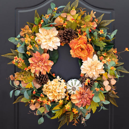 Fall Wreaths for Front Door Outside-24 Inch Autumn Wreath with Dahlia Flowers, Pumpkins, Pinecones, and Eucalyptus Leaves Large Fall Wreath for Thanksgiving, Halloween, Indoor Outdoor Door