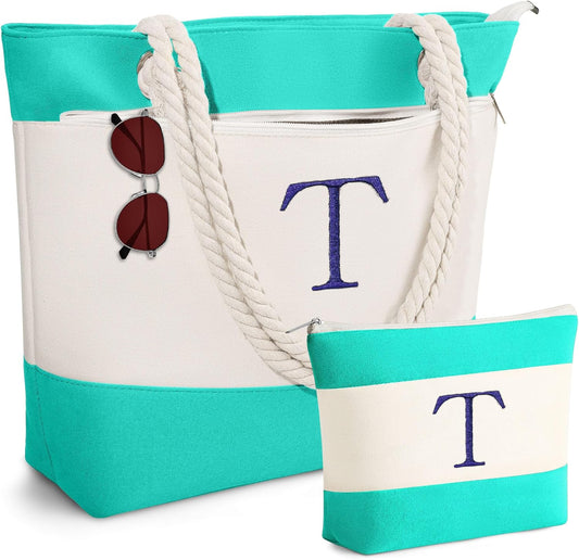 YOOLIFE Beach Bags for Women - Initial Canvas Tote Waterproof Bag with Makeup Bag Gifts for Women Mom Friend Birthday Her