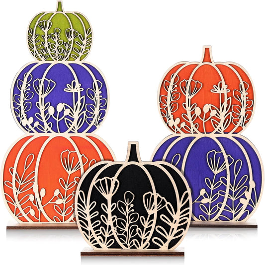 Leinuosen Fall Pumpkin Decorations Wooden Tabletop Signs, Autumn Table Centerpieces Pumpkins of 3 Size Fall Tray Decor for Home Room Decor Thanksgiving Halloween Harvest Decoration(Halloween Colors)