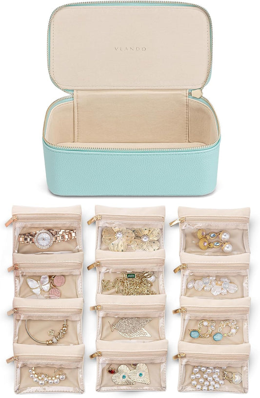 Vlando Travel Jewelry Organizer with 12 Velvet Jewelry Bags Travel Jewelry Case for Girls Jewelry Storage Necklace Rings Earrings Bags Gifts for Women Daughter Friends(Lake Blue)