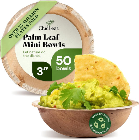Chic Leaf Palm Leaf Bowls - Mini Disposable Bamboo Bowls for Parties, Event Appetizers - Biodegradable & Compostable Party Supplies (3'' Round - 50 Pack) - Bamboo Bowl