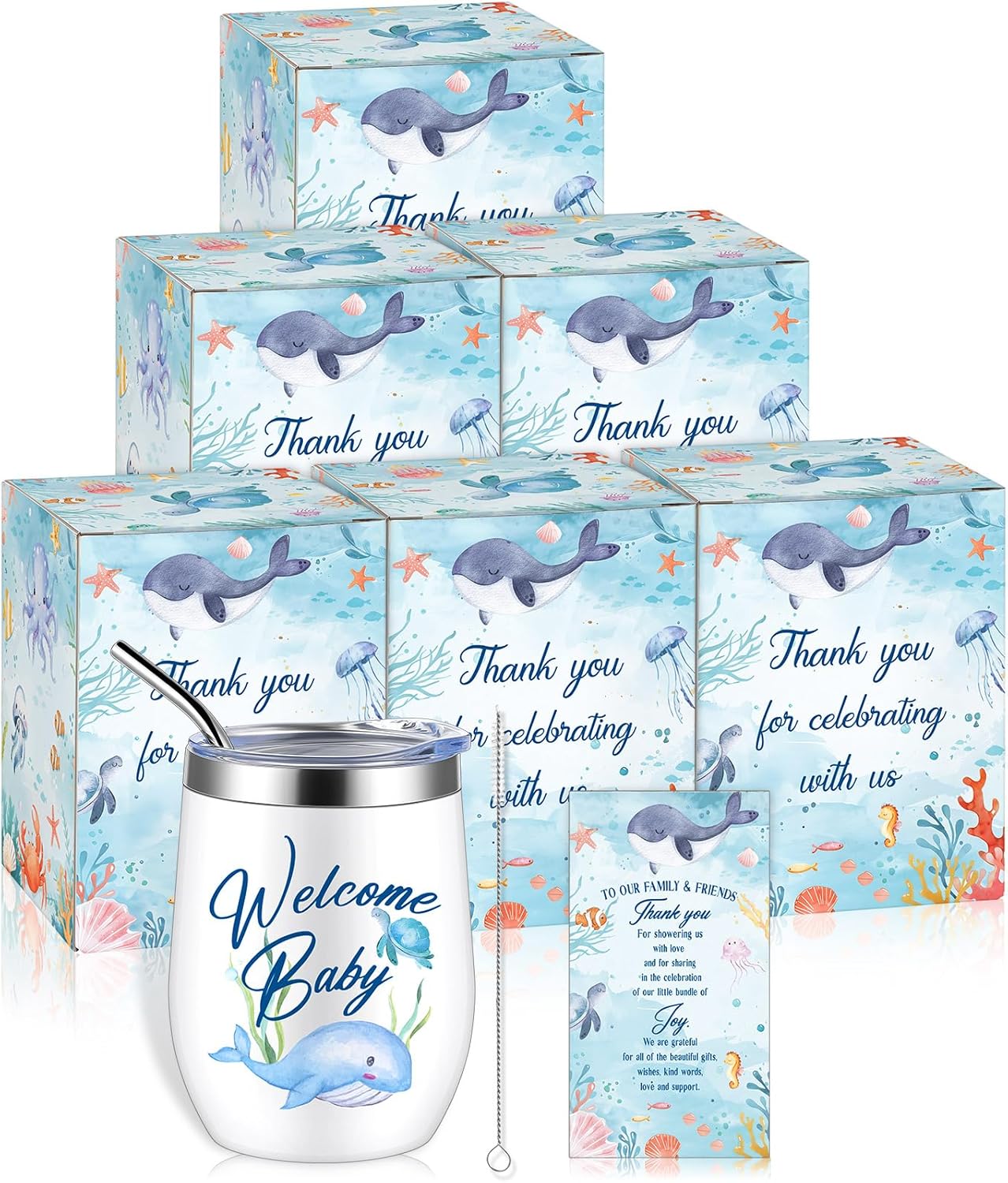 Hoolerry 6 Set Baby Shower Game Prizes for Guests Winners 12 oz Insulated Stainless Steel Tumbler Cup with Lids, Straws, Cleaning Brush, Cards & Boxes Return Gifts(Blue,Ocean Animal)