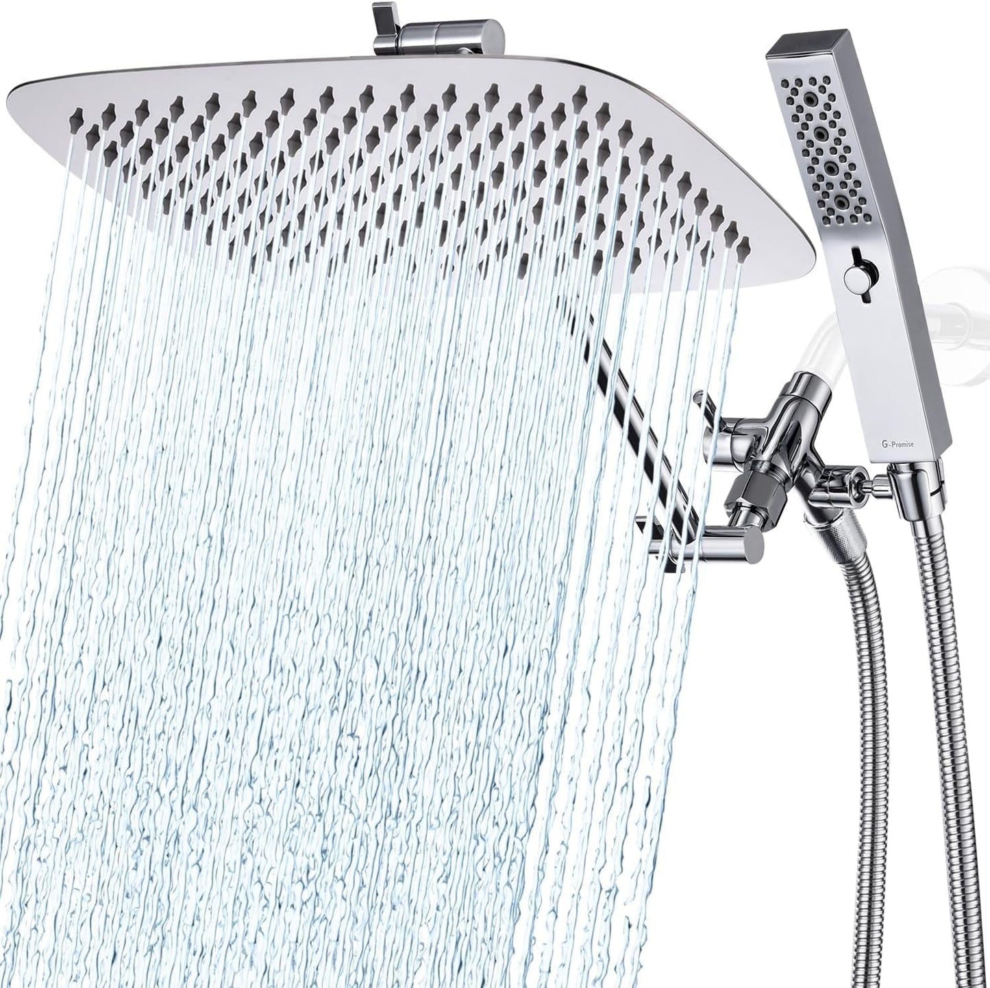 G-Promise All Metal 12 Inch Dual Square Shower Head with Handheld Spray Combo, Rain Shower Head, Adjustable Extension Arm, 3-Way Diverter, 71 Inch Extra Long Hose - A Bathroom Upgrade (Chrome)