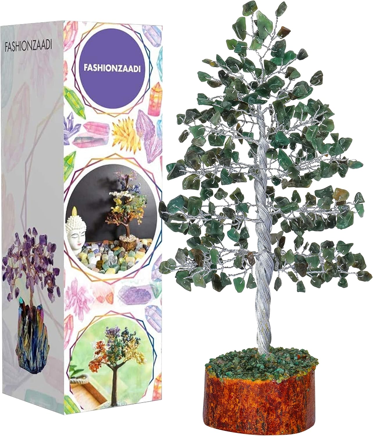 FASHIONZAADI Gemstone Money Tree Reiki Healing Chakra Balancing Handmade Bonsai Trees Spiritual Gift Aura Cleansing Good Luck Home Decor (Green Aventurine Silver Wire)