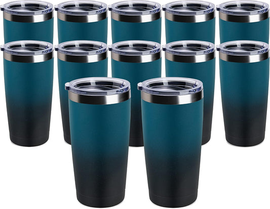 12 pack 20 OZ Double Wall Stainless Steel Vacuum Insulated Tumbler Coffee Travel Mug With Lid, Durable Powder Coated Insulated Coffee Cup for Cold & Hot Drinks (OmbreIndigo, 12pack)