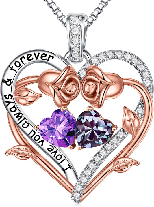 Iefil Rose Heart Double Birthstone Necklace Gifts for Wife Her Mom Women, Birthstone Jewelry Gemstone Birthday Gifts for Girlfriend Grandma Her Wife Women
