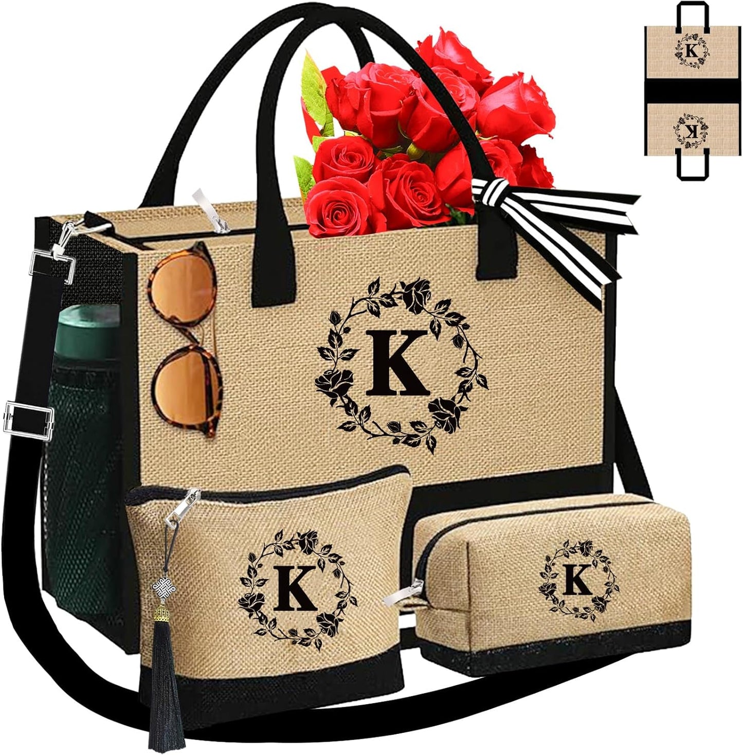 Monogrammed Tote Bags, 3Pcs Birthday Gifts for Women Initial Personalized Jute Tote Bags for Her Female Sister Mom