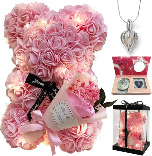 Mothers' Day Gift For Mom Grandma Pink Rose Flower Teddy Bear Blind Box Pearl Necklace For Valentine’s day Birthday Holiday Gifts For Her, Wife Girlfriend Women Gift Wedding Anniversary Home Decor