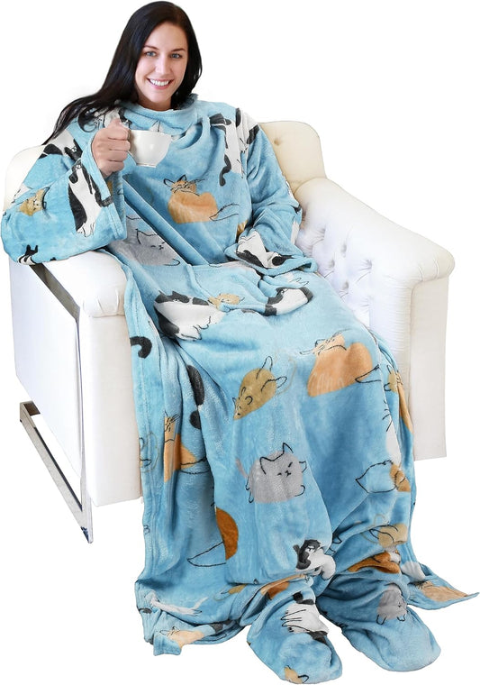 Catalonia Wearable Fleece Blanket with Sleeves and Foot Pockets for Adult Women Men, Micro Plush Comfy Wrap Sleeved Throw Blanket Robe Large, Blue Cat