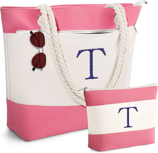 YOOLIFE Beach Bags for Women - Initial Canvas Tote Waterproof Bag with Makeup Bag Gifts for Women Mom Friend Birthday Her