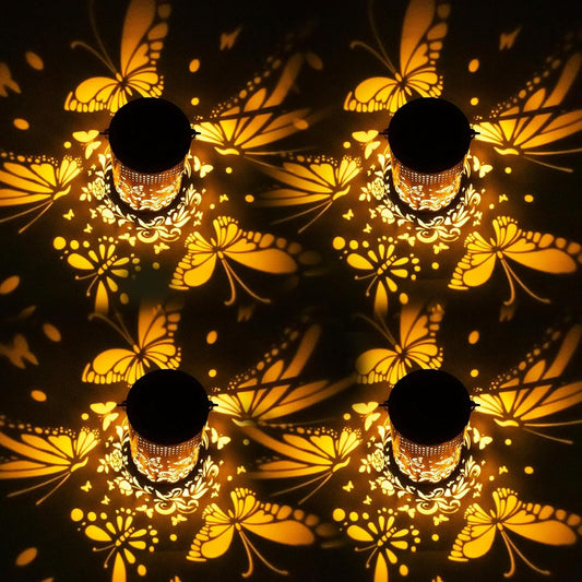 4 Pack Butterfly Birthday Gifts for Women Mom Grandma Solar Lanterns Outdoor Waterproof Garden Decor Metal Hanging LED Decorative Light for Patio Yard Lawn Backyard Front Porch Gardening Gifts