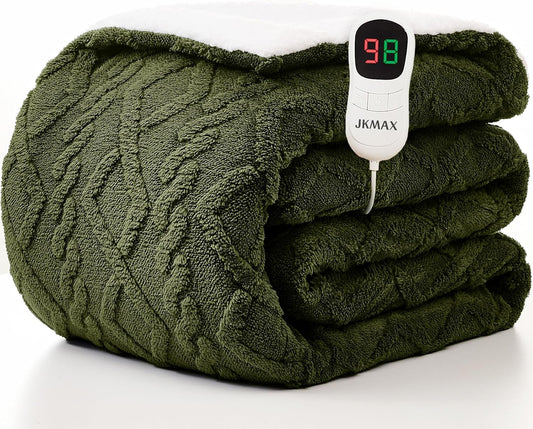 JKMAX Heated Electric Blanket Twin Size-62"x84" Heating Blanket with 10 Heating Levels & 5 Time Settings Over-Heat Protection，Winter Warmer for Adults with ETL Certification（Green）