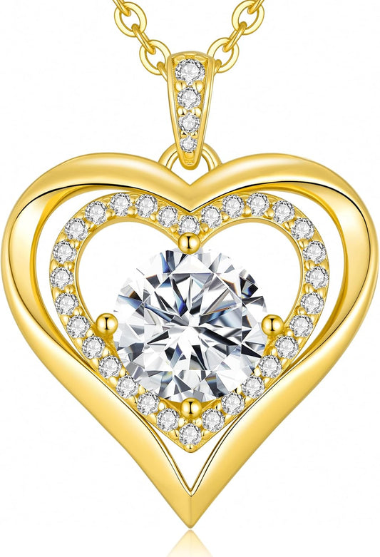 Moissanite Heart Pendant Necklaces for Women, 925 Sterling Silver Gold Plating Lab-Created Gem Necklace Engraved with 'I LOVE YOU', Ideal Anniversary Birthday Christmas Valentine Engagements Mothers Day Jewelry Gifts for Mom Wife Girlfriend Daughter Her