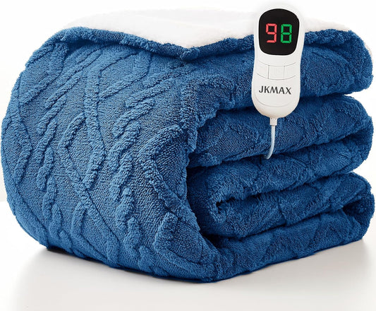 JKMAX Heated Electric Blanket Twin Size-62"x84" Heating Blanket with 10 Heating Levels & 5 Time Settings Over-Heat Protection，Winter Warmer for Adults with ETL Certification（Blue）