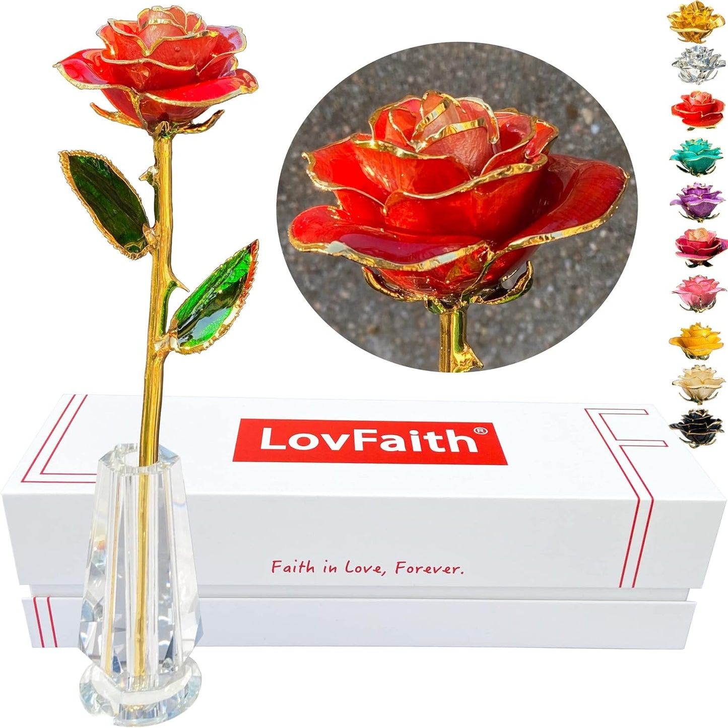 Valentine Gift Real Rose Dipped 24K Gold with Crystal Stand, Best Anniversary Rose Gift for Her Wife Mother Birthday Christmas (C12. Gradient Red -Thick Gold Blooming)