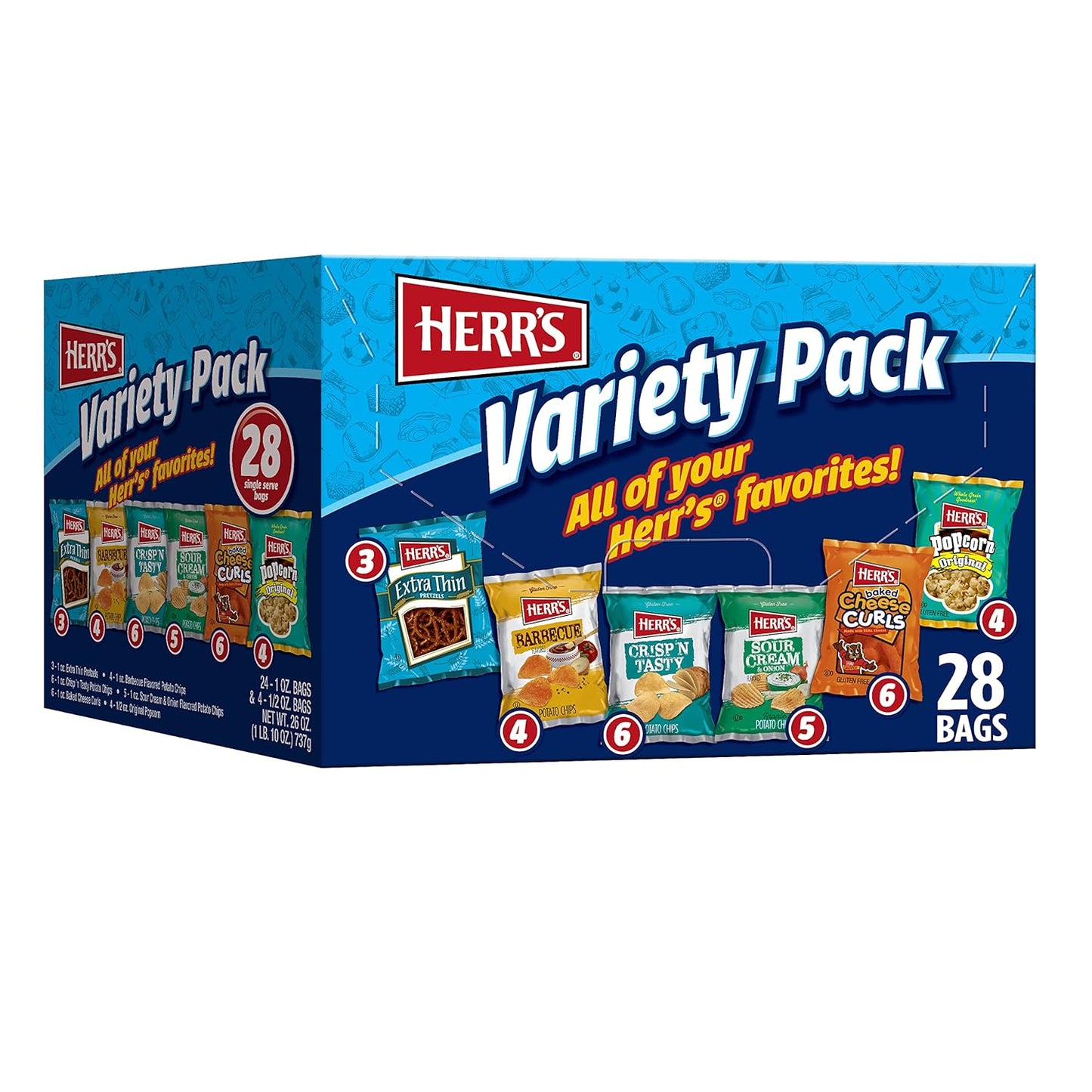 Herr’s Snacks Variety Pack, Potato Chips, Pretzels, Popcorn, Cheese Curls, 26oz Box (28 Bags)