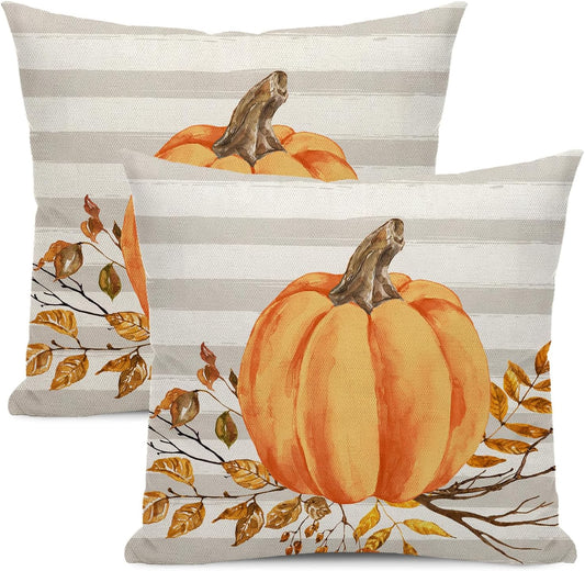 Fall Decor Pillow Covers 18x18 Set of 2 Autumn Striped Orange Pumpkin Leaves Throw Pillow Cover Thanksgiving Decoration Pillowcase for Fall Decorative Cushion Cover for Home Sofa Outdoor