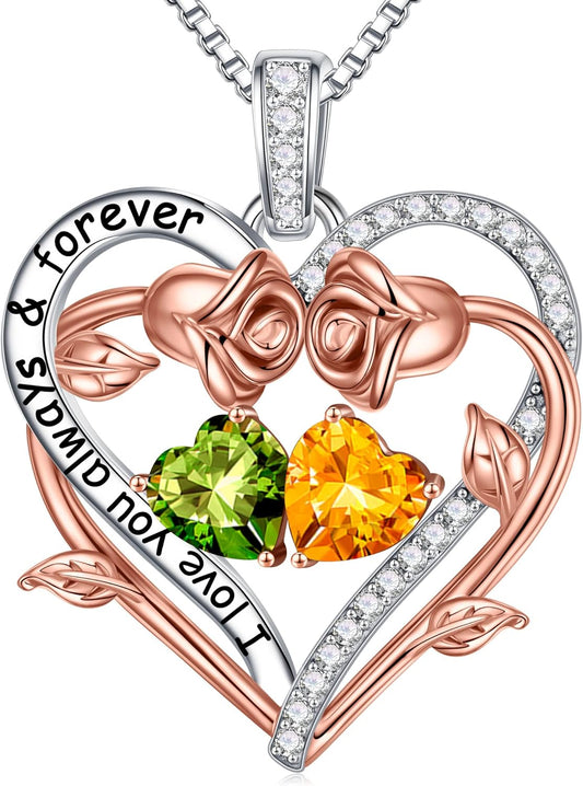 Iefil Rose Heart Double Birthstone Necklace Gifts for Wife Her Mom Women, Birthstone Jewelry Gemstone Birthday Gifts for Girlfriend Grandma Her Wife Women