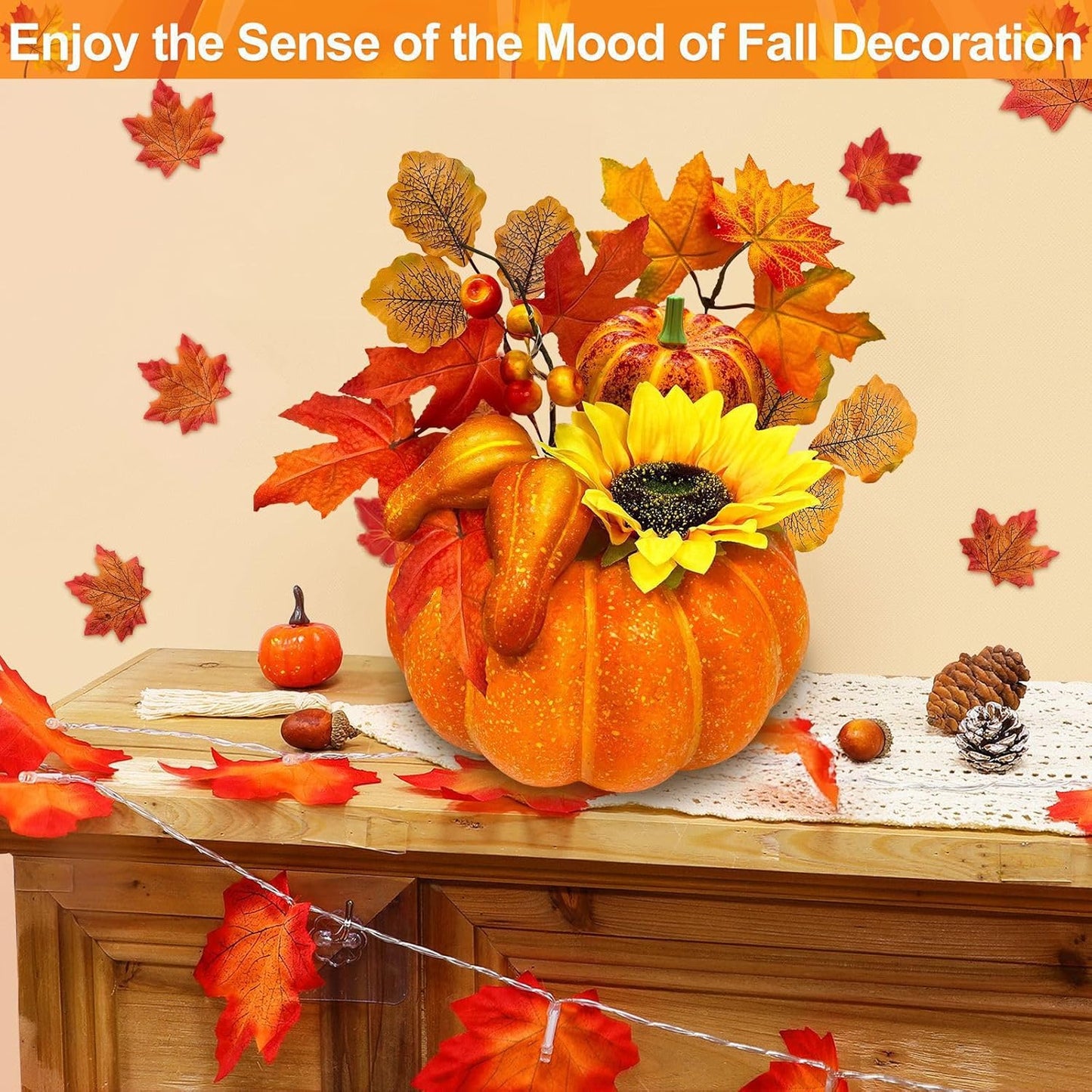 [Timer & Prelit] Thanksgiving Decorations Fall Decorations for Home, Artificial Fake Pumpkin with Maples Leaves Sunflower Berried 20 LED Lights Halloween Fall Centerpieces for Tables Home Porch Indoor