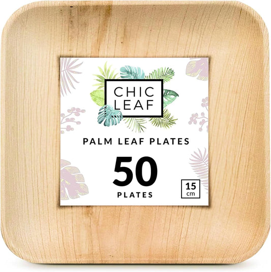 Chic Leaf Palm Leaf Compostable Plates Disposable - 6" Square, 50 Pack - Heavy-Duty Biodegradable, Disposable Party Bamboo Appetizer Plates - Party Serving Supplies