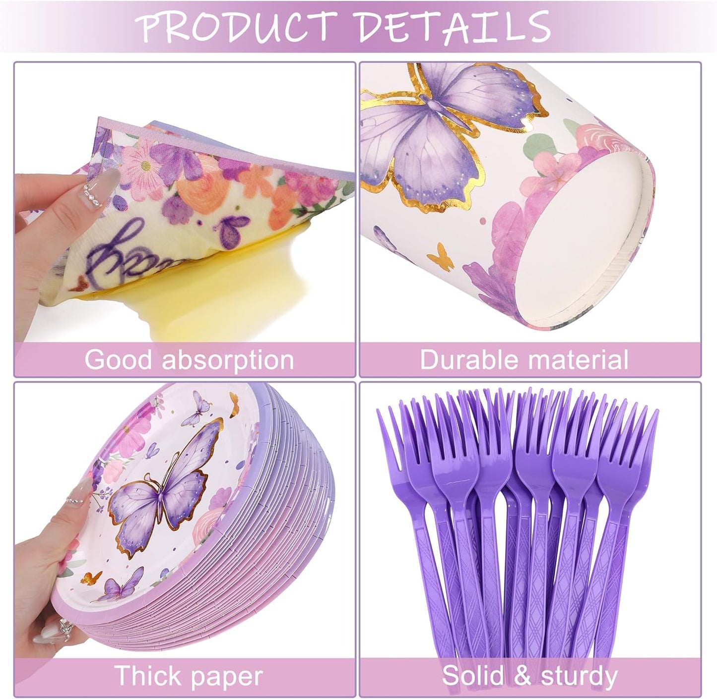 144 Pieces Butterfly Birthday Party Supplies Including Disposable Paper Plates Napkins Cups Forks Serves 24 for Baby Shower Girls Animal Butterfly-themed Party Decorations
