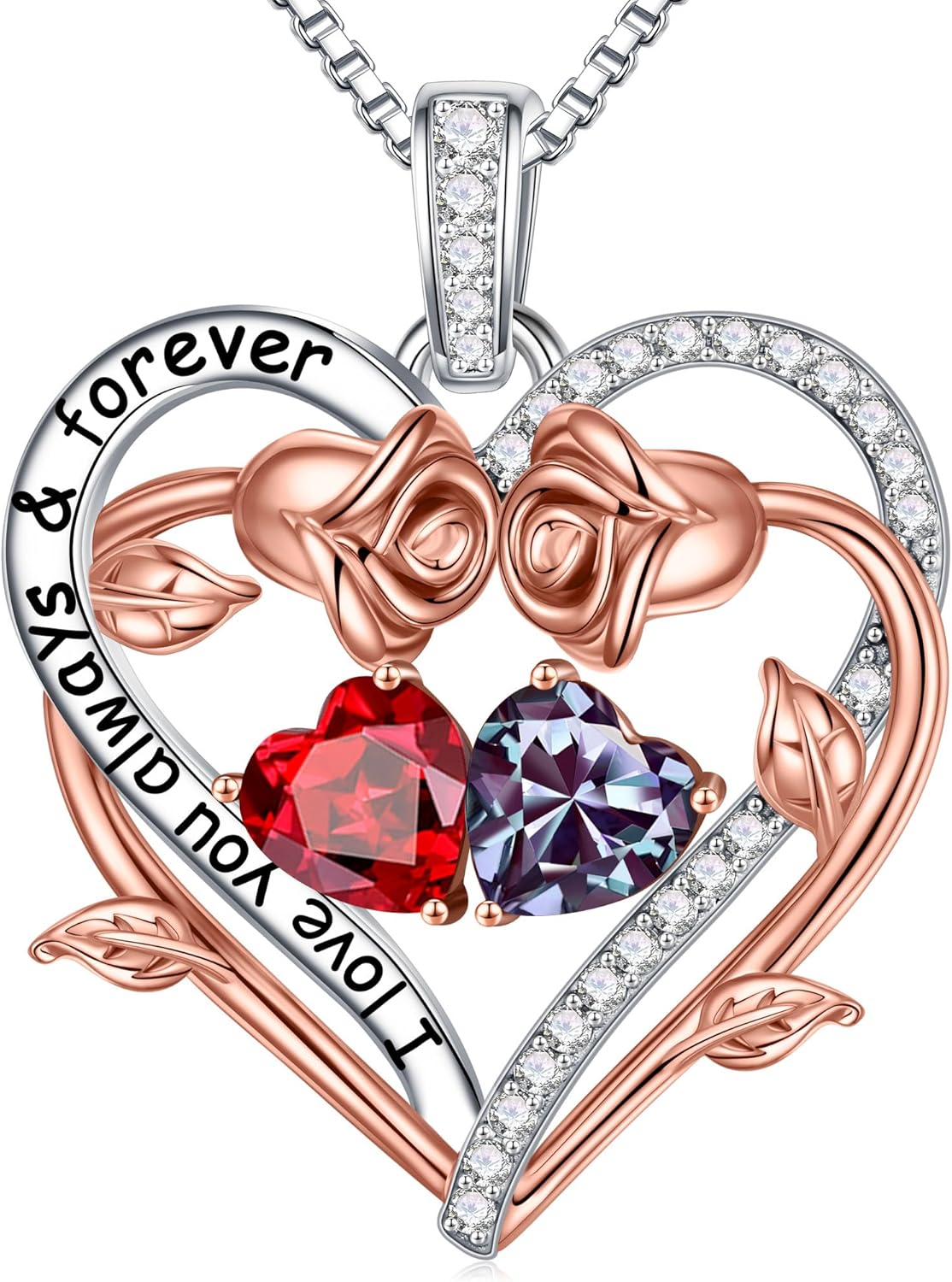 Iefil Rose Heart Double Birthstone Necklace Gifts for Wife Her Mom Women, Birthstone Jewelry Gemstone Birthday Gifts for Girlfriend Grandma Her Wife Women