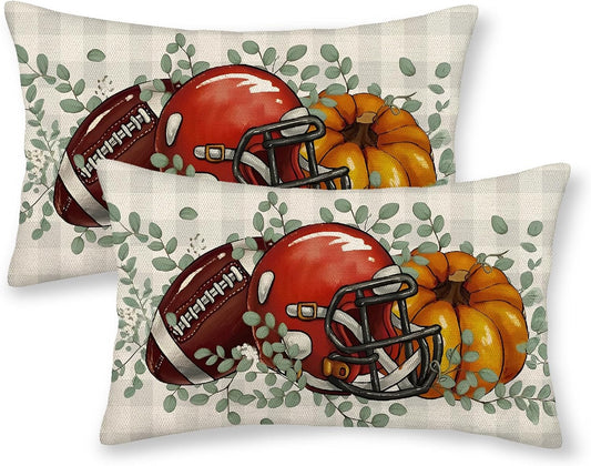 Fall Pillow Covers 12x20 Inch Pack of Plaid Orange Pumpkin Football Leaf Throw Pillow Covers Outdoor Decor Halloween Decoration Farmhouse Linen Decorative Lumbar Cushion Cover for Couch Sofa