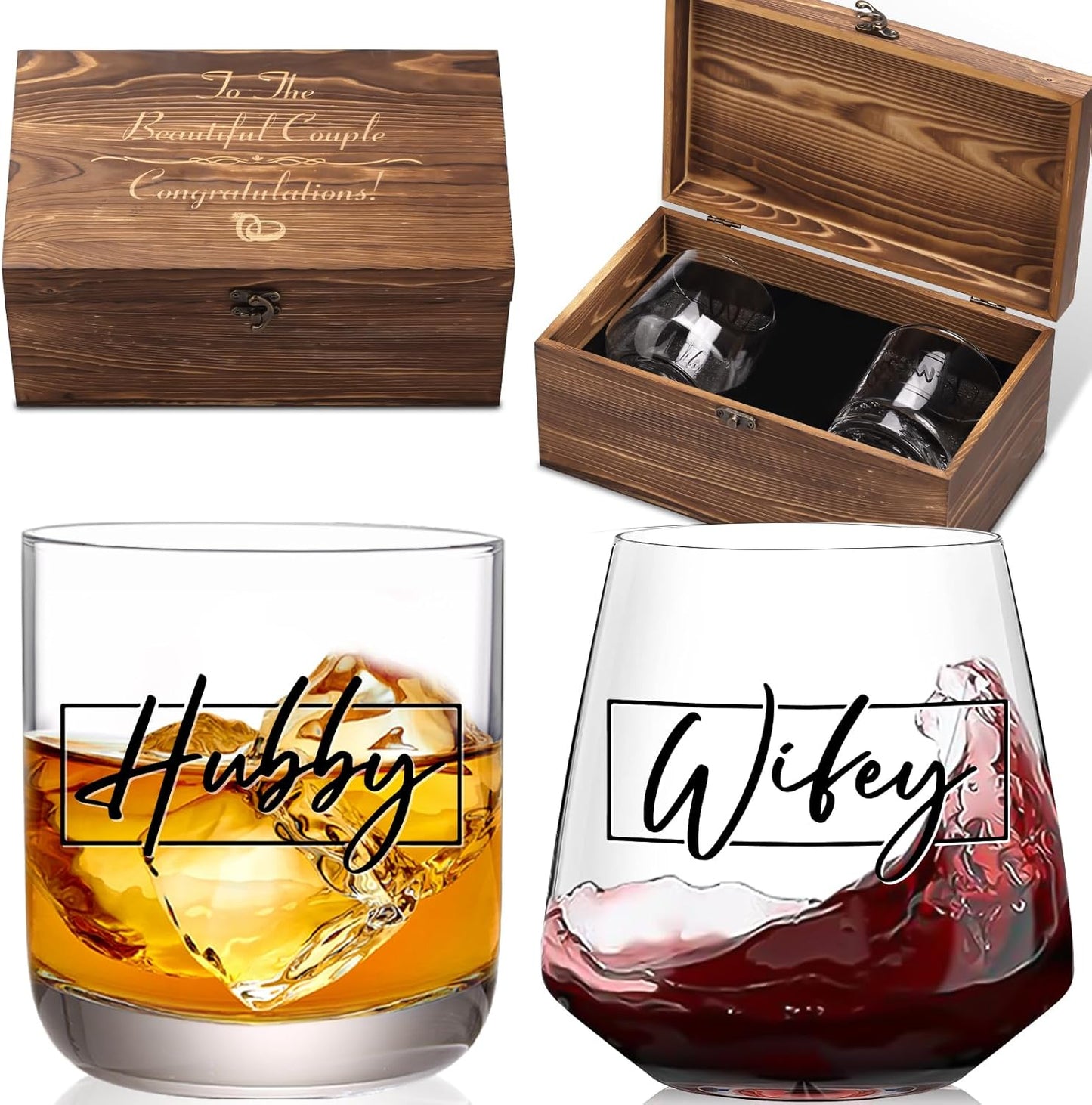 Wedding Gifts for Couples 2025, Hubby and Wifey Memory Wooden Box Set, Bridal Shower Gift, His and Hers Gift, Mr and Mrs Drinking Glasses Set, Couples Gifts for Bride and Groom