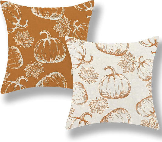 Fall Pillow Covers 18x18 Set of 2 Autumn Orange Pumpkin Maple Leaves Throw Pillow Covers Outdoor Thanksgiving Decorations Pumpkin Pillowcase for Home Decorative Cushion Covers for Couch Sofa