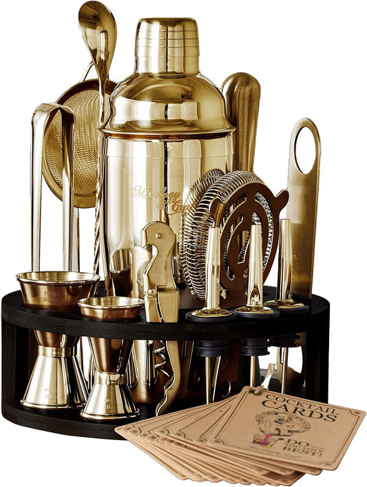 Mixology & Craft Bartender Kit – 15-Piece Cocktail Shaker Set with Bar Tools, Premium Stainless Steel Drink Mixer Accessories for Home Bar, Includes Bamboo Stand, Plus Exclusive Recipe Cards (Gold)