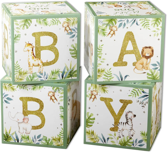 Kate Aspen Safari Baby Boxes with Letters for Baby Shower Decorations Photo Prop & Jungle Animal Nursery Décor (Set of 4 Spells BABY) (28609NA)