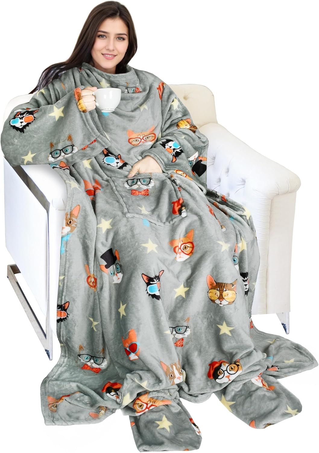 Catalonia Cat & Dog Print Wearable Blanket with Sleeves and Foot Pocket – Ultra-Soft Warm Fleece Long Throw Snuggle Blanket for Sleeping & TV Time – Cozy Christmas Gift for Women & Men