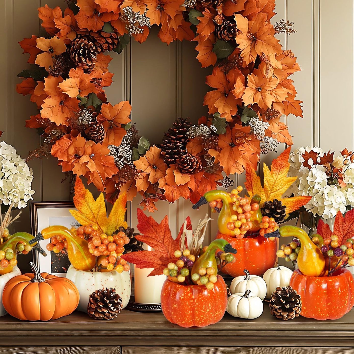 Artmag Set of 6 Artificial Pumpkins Decorations, Decorative Orange Pumpkin with Maple Berry Acorn Pine Cone Vegetables for Fall Thanksgiving Harvest Party Decoration