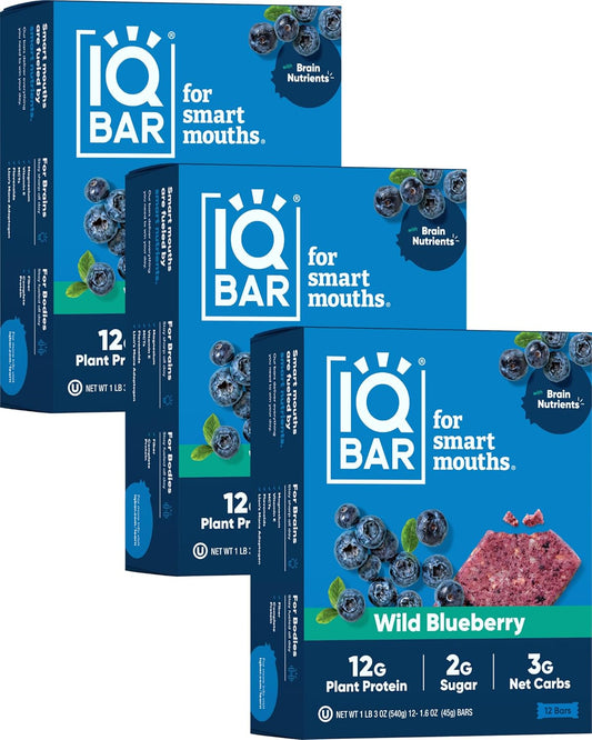 IQBAR Brain and Body Plant Protein Bars - Wild Blueberry - 36-Count Low Carb - Gluten Free, High Fiber, Vegan Snacks - Low Sugar Meal Replacement
