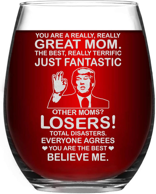 BETHEGIFT Gifts for Mom from Daughters, Son, Kids on Birthday, Christmas - Wine Glass for Xmas - Durable Crystal, Perfect for Mother - Mom Wine Glass 14oz