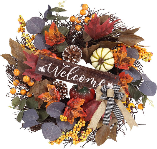 Fall Wreaths for Front Door Outside Decor, 20" Faux Pumpkin Pinecone Eucalyptus Leaves Autumn Wreath Decorations with Bow and Hanging Sign for Thanksgiving Home Outdoor Indoor Porch Harvest