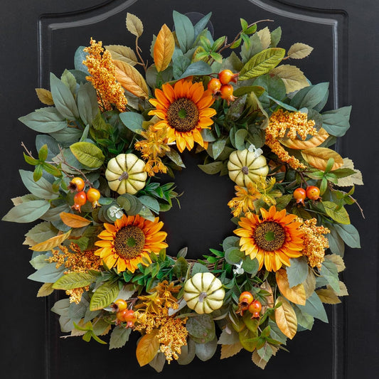 Fall Wreath for Front Door 24 Inch Artificial Sunflower and Pumpkin Fall Wreath with Berries, Autumn Harvest Fall Wreaths for Indoor Outdoor Decor, Thanksgiving and Halloween Decoration