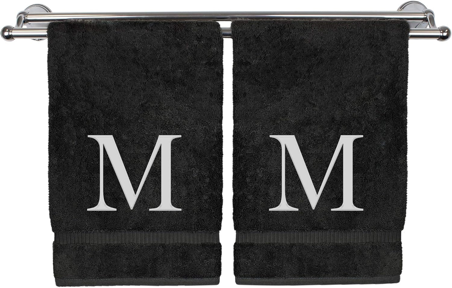 Monogrammed Hand Towel, Personalized Gift, Set of 2- White Block Letter Embroidered Towel - Extra Absorbent 100% Turkish Cotton - Soft Terry Finish - Initial M Black