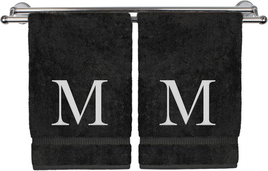 Monogrammed Hand Towel, Personalized Gift, Set of 2- White Block Letter Embroidered Towel - Extra Absorbent 100% Turkish Cotton - Soft Terry Finish - Initial M Black