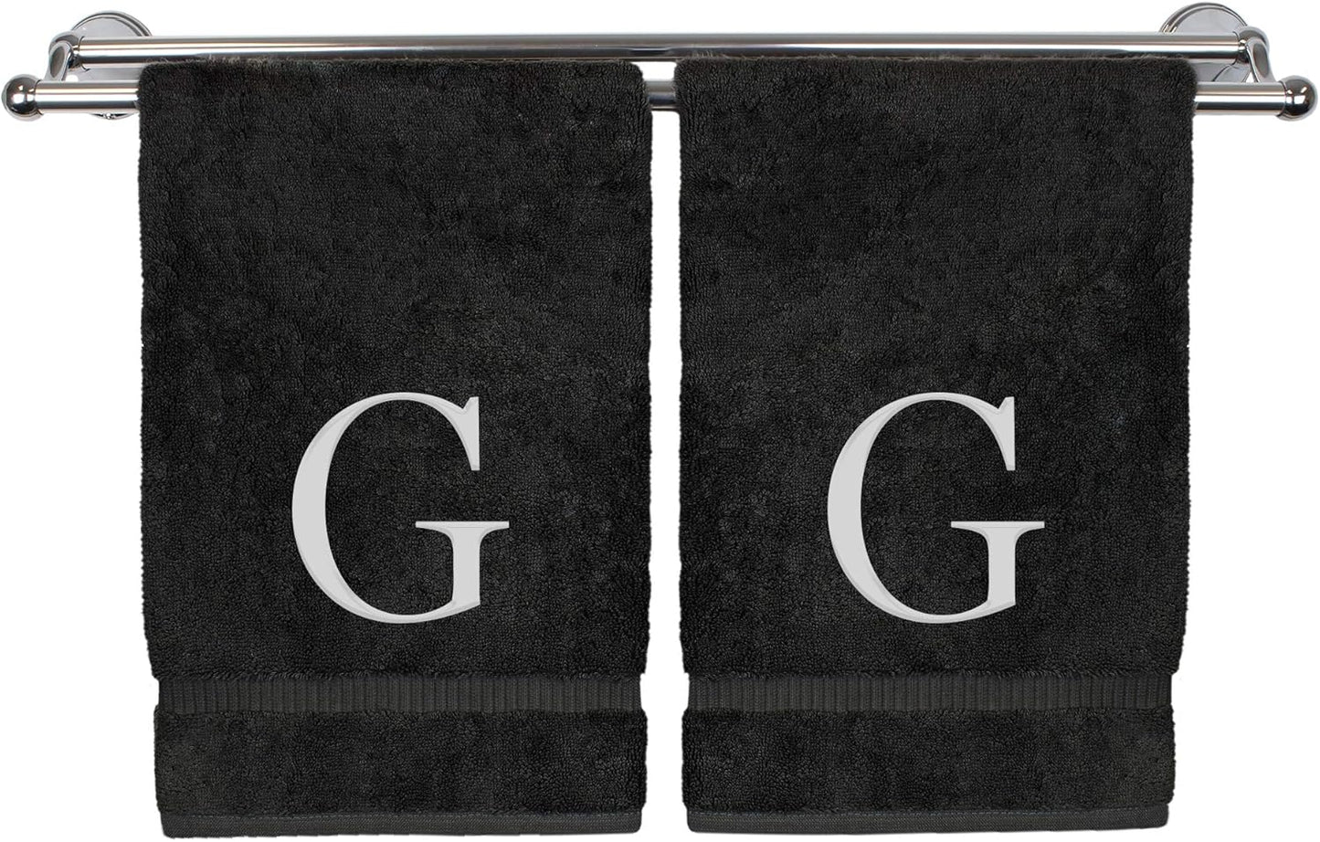Monogrammed Hand Towel, Personalized Gift, Set of 2- White Block Letter Embroidered Towel - Extra Absorbent 100% Turkish Cotton - Soft Terry Finish - Initial G Black