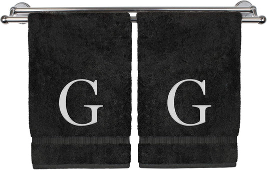 Monogrammed Hand Towel, Personalized Gift, Set of 2- White Block Letter Embroidered Towel - Extra Absorbent 100% Turkish Cotton - Soft Terry Finish - Initial G Black