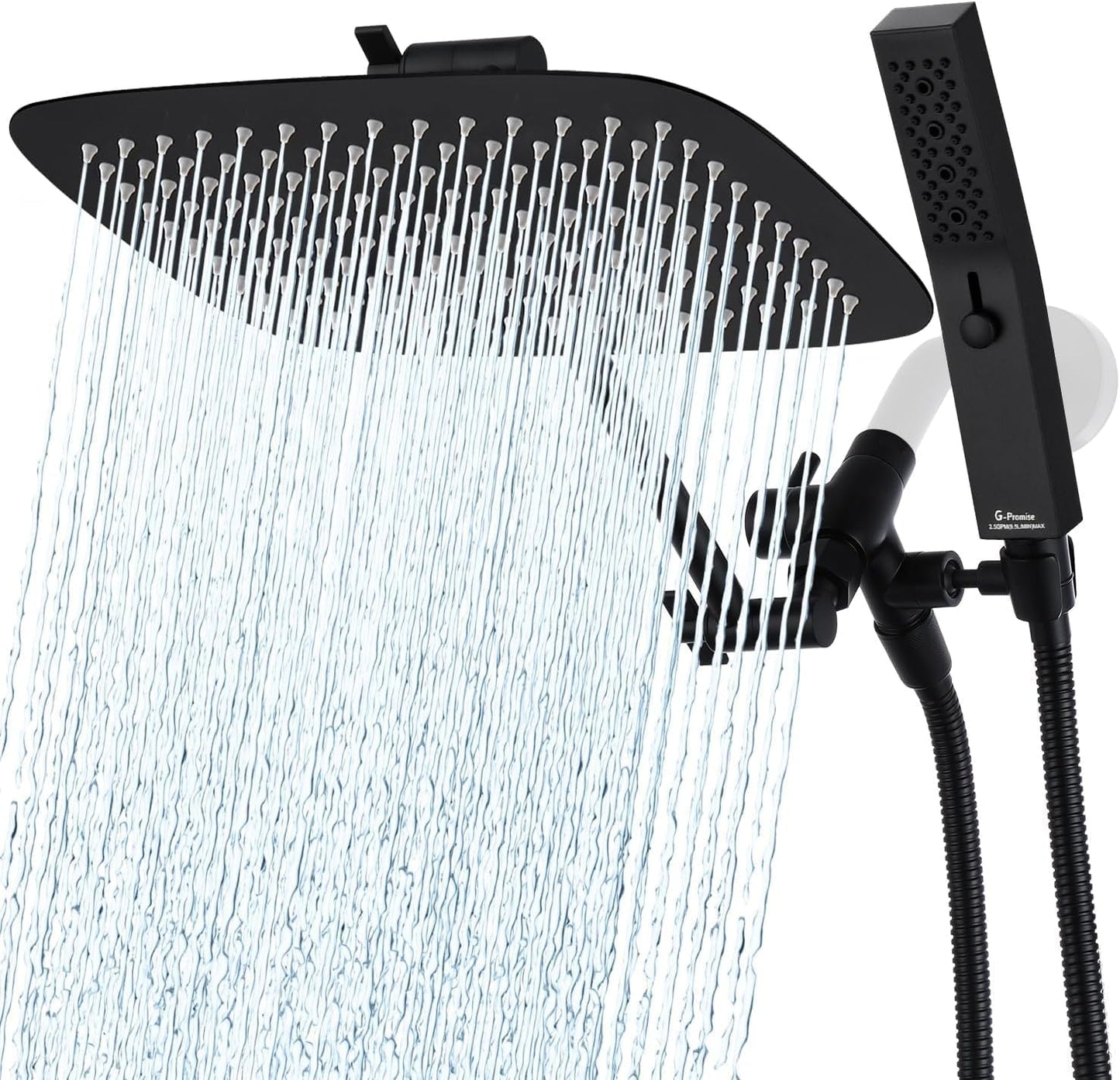 G-Promise All Metal 12 Inch Dual Square Shower Head with Handheld Spray Combo, Rain Shower Head, Adjustable Extension Arm, 3-Way Diverter, 71 Inch Extra Long Hose - A Bathroom Upgrade (Matte Black)