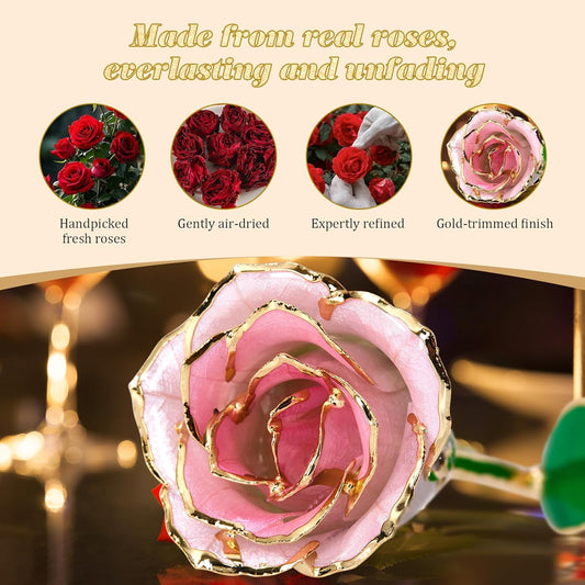 Mikasol Real 24K Gold Dipped Realistic Rose – Timeless Lifelike Bloom with Heart Puzzle Base – Romantic Gradient Pink Flower Gift for Her, Wife, Girlfriend, Mom – Birthday, Anniversary, Mother’s Day